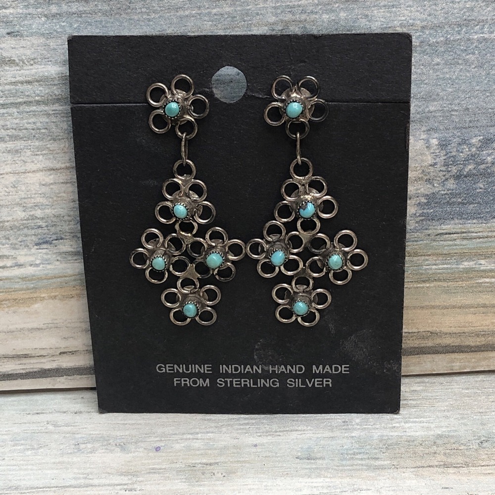 Zuni Flower Native American Indian Earrings Dangle Drop Silver Turquoise